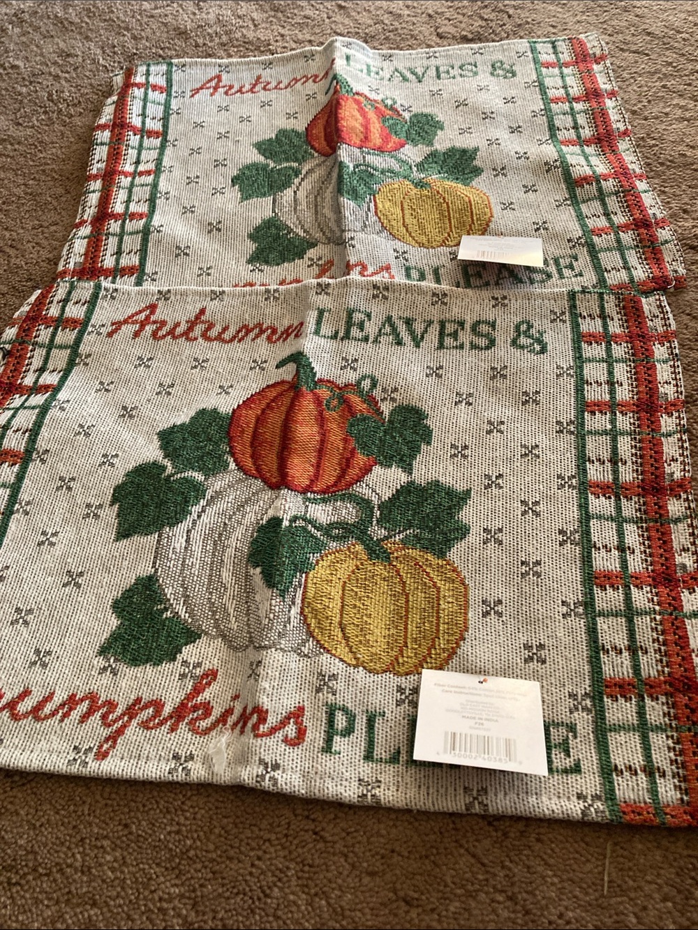 Autumn Pumpkins Woven Table Runner - Beige with Orange & Yellow Pumpkins